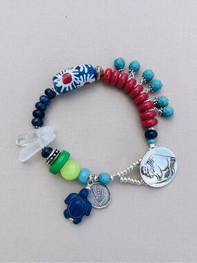 Colorful Beaded Charm Bracelet with Turtle and Coin Charms